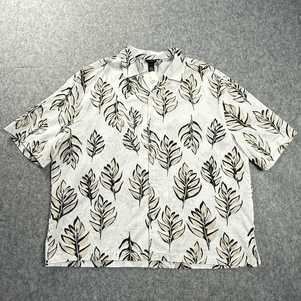 H&M Men's Hawaiian‎ Button Up Shirt XXL Linen Blend Short Sleeve Palm Leaf NWT